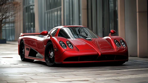 Crimson street missile lounges between glass towers at dawn.