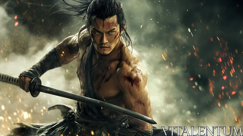 Wounded warrior holding katana amid smoke and sparks.