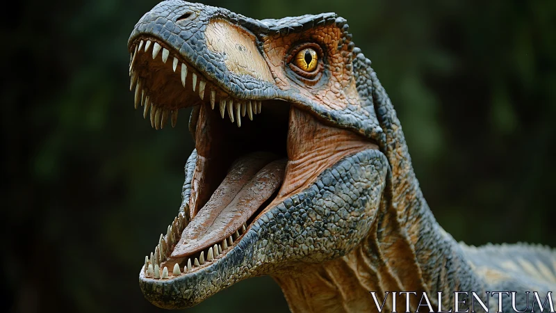 Roaring Rex close‑up with golden eyes and thunderous teeth.