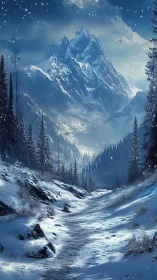 Snow-covered alpine trail leading toward jagged glacier peaks