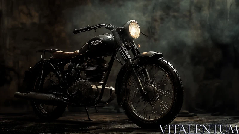 Weathered vintage motorcycle in low key cinematic side lighting