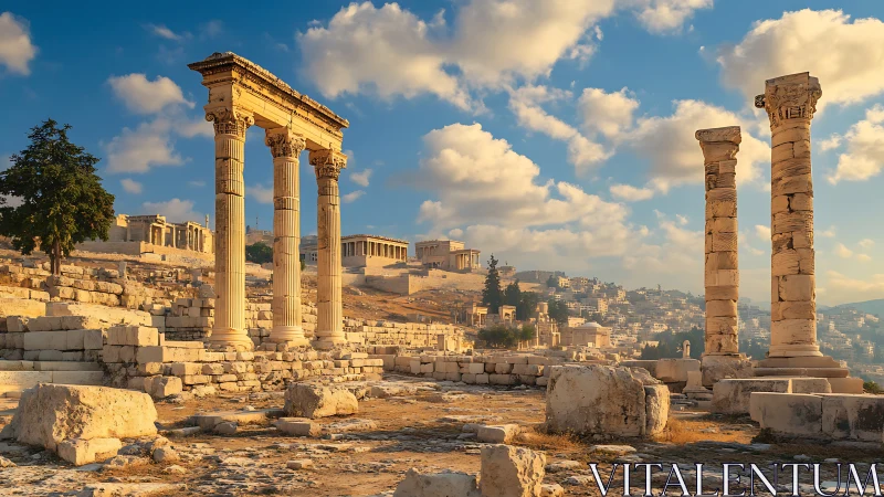 Ancient stone columns and urban hillside under soft daylight.