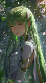 Forest guardian with flowing green hair in soft sunlight.
