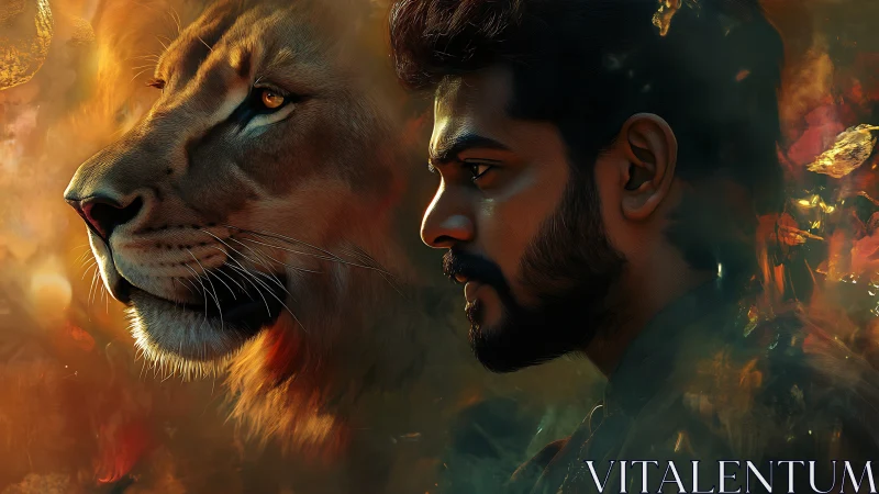 Lionhearted gaze beside a man forged in embered dusk.