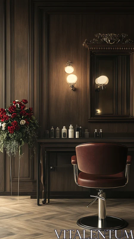 Luxurious barbershop station showcases warm wood paneling