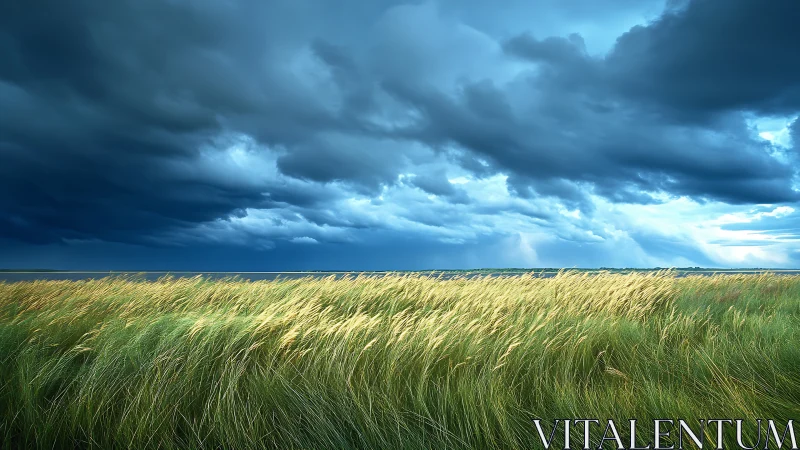 Storm-leaning grassland under brooding turquoise thunder sky.