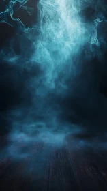 Blue ethereal smoke rises above dark wooden floor.
