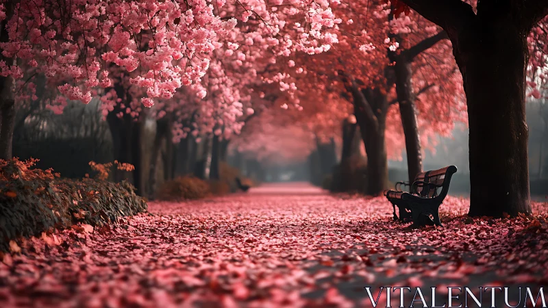 Cherry blossom avenue with empty bench in soft pink haze.