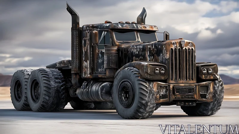 Rust-streaked six-wheel desert truck rendered in 3D