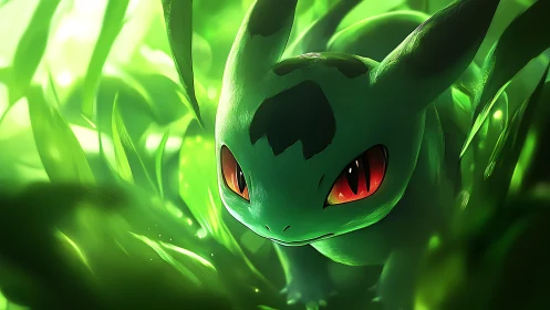 Green creature with red eyes in dense illuminated leaves.