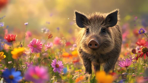 Curious little boar wandering through a dreamy flower meadow.
