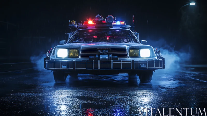 Retro-futuristic emergency car in rainy neon-lit street