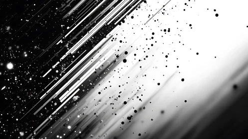Monochrome diagonal streaks slice space with drifting particles.