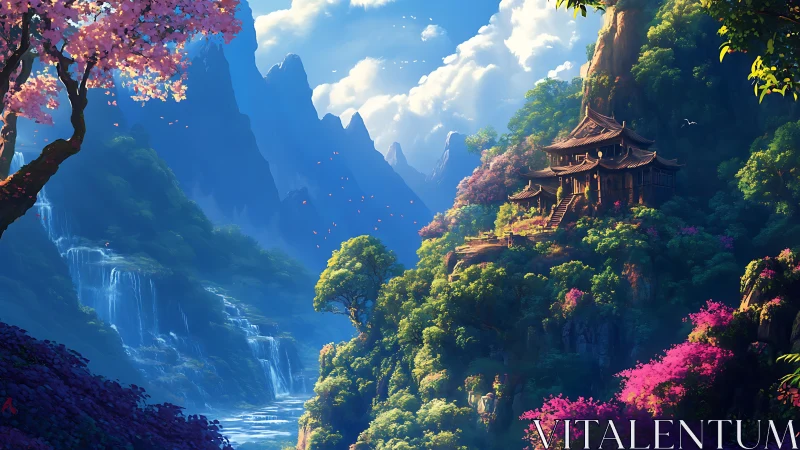 Mountain temple among waterfalls and dense forest landscape.