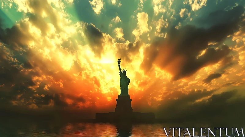 Liberty’s lone silhouette cuts through a storm of molten sky