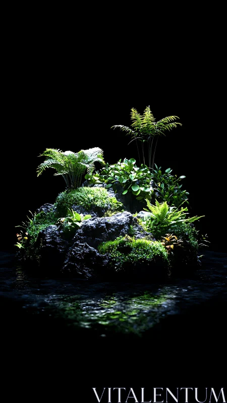 Vivid Terrarium Ecosystem with Layered Rock Formation and Lush Vegetation