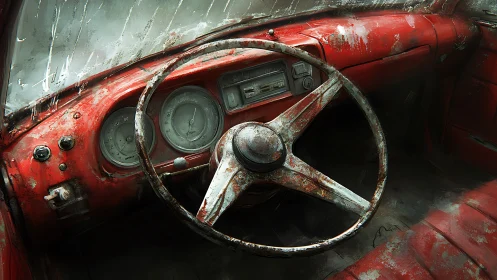 Weathered red car interior with rusted steering wheel.