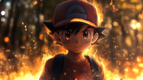 Anime boy in red cap stands in front of intense forest fire