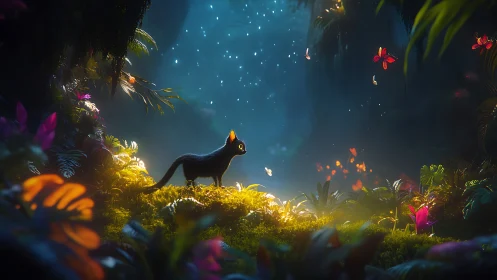 Enchanted black cat beneath glowing firefly forest sky.