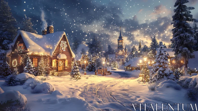 Snowlit winter village glows under storybook starlight hush.