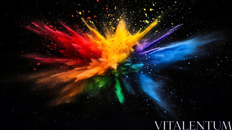 Chromatic powder burst radiating across black space.