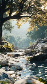 Mountain Stream Flowing Through Rocky Landscape With Tree Canopy.