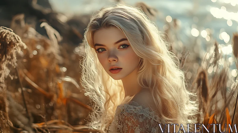 Blonde woman photographed among reeds in backlit landscape