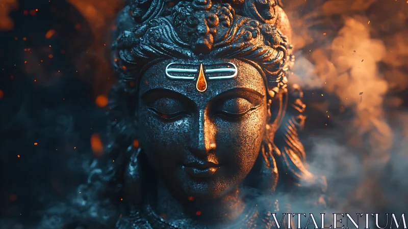 Sacred stone face in glowing embers and drifting prayerful mist.