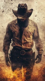 Lone gunslinger strides through embers in dramatic digital chiaroscuro