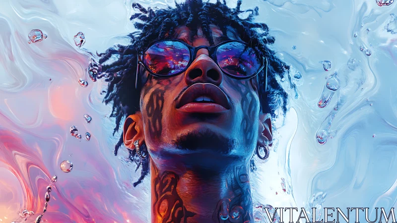 Portrait of tattooed man in liquid abstract light field.