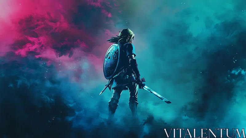 Sword-wielding hero stands within neon storm clouds.