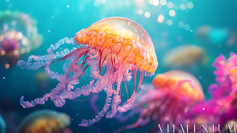 Glowing jellyfish drifting in colorful underwater scene.