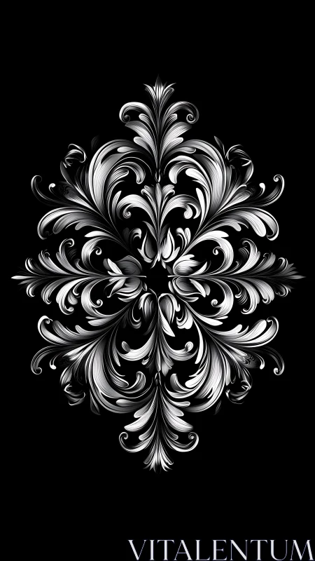 Ornate silver flourishes swirling over deep black calm.