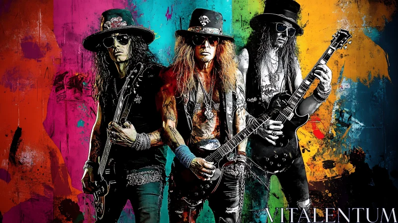 Triptych of rock guitarists against chromatic splatter fields.