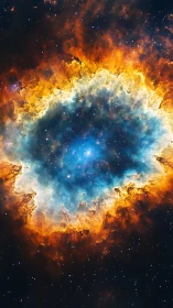 Stellar nebula ring forms luminous blue core within fiery halo