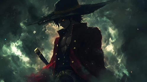 Sword-carrying figure in red coat amid dark swirling smoke.