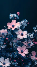 Pink Cosmos Blooms Against Midnight Blue Darkness