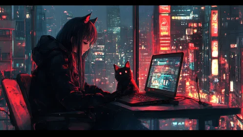 Hacker girl and neon city cat share a glowing midnight screen
