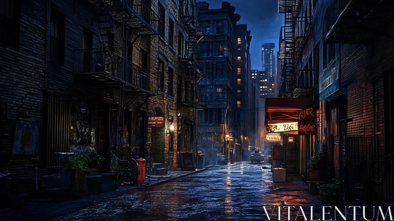 Moody city alley glows softly under rainy evening lights