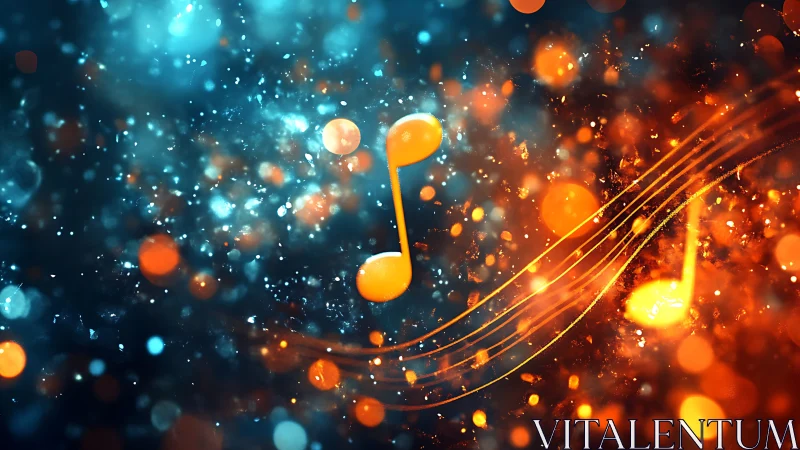 Glowing orange music notes over blue and orange bokeh field.