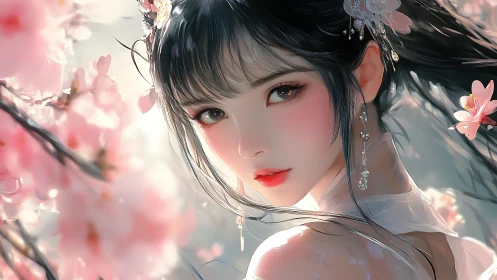 Gentle spring maiden surrounded by soft cherry blossoms.