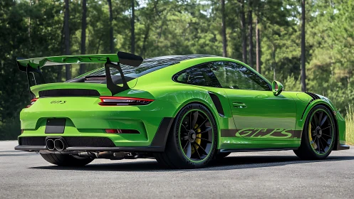 Neon green track weapon prowls a sunlit forest road.