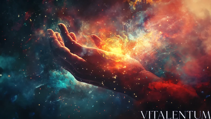 Human hand cradles luminous nebula cloud in cosmic void