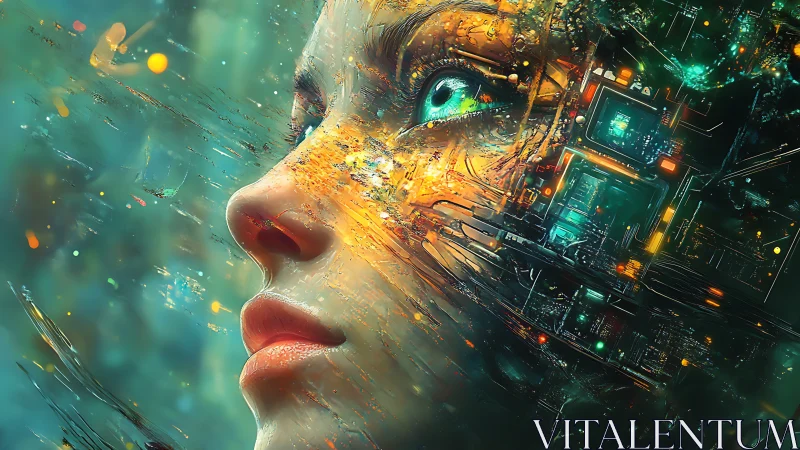 Cyberpunk portrait of augmented female face in teal-gold fusion.