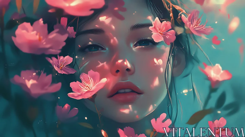 Digital portrait of female face framed by pink blossoms.