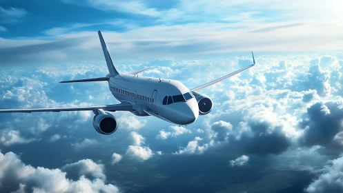 Modern passenger jet cruising above dramatic cloudscape.