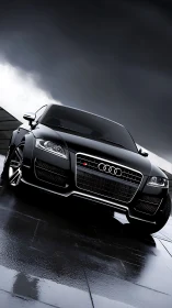 Black performance car on wet pavement under stormy sky.