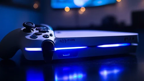 Xbox One S Gaming Console with Controller in Blue LED Ambient Lighting Environment