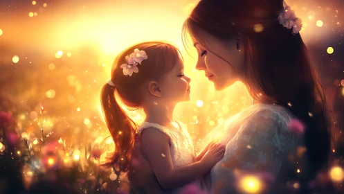 Mother and Daughter in Glowing Golden Light