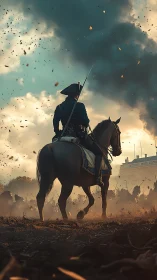 Mounted officer surveys battlefield under stormy sky.